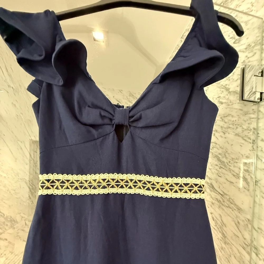 PatBO NEW Navy Ruffle Mini Dress w/ Crochet Waist & Fringe Hem | Size 4 - Picture 3 of 9